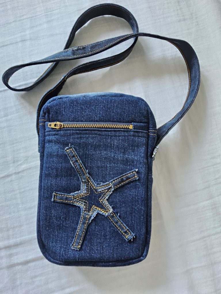 Denim Zipped Crossbody Phone Bag - Sewing Project Using Recycled Denim Jeans.