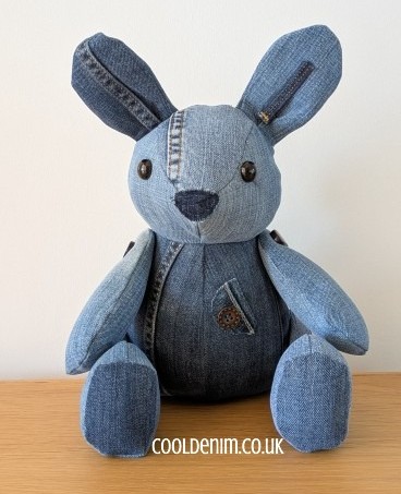 Denim Rabbit, recycled denim sewing project.